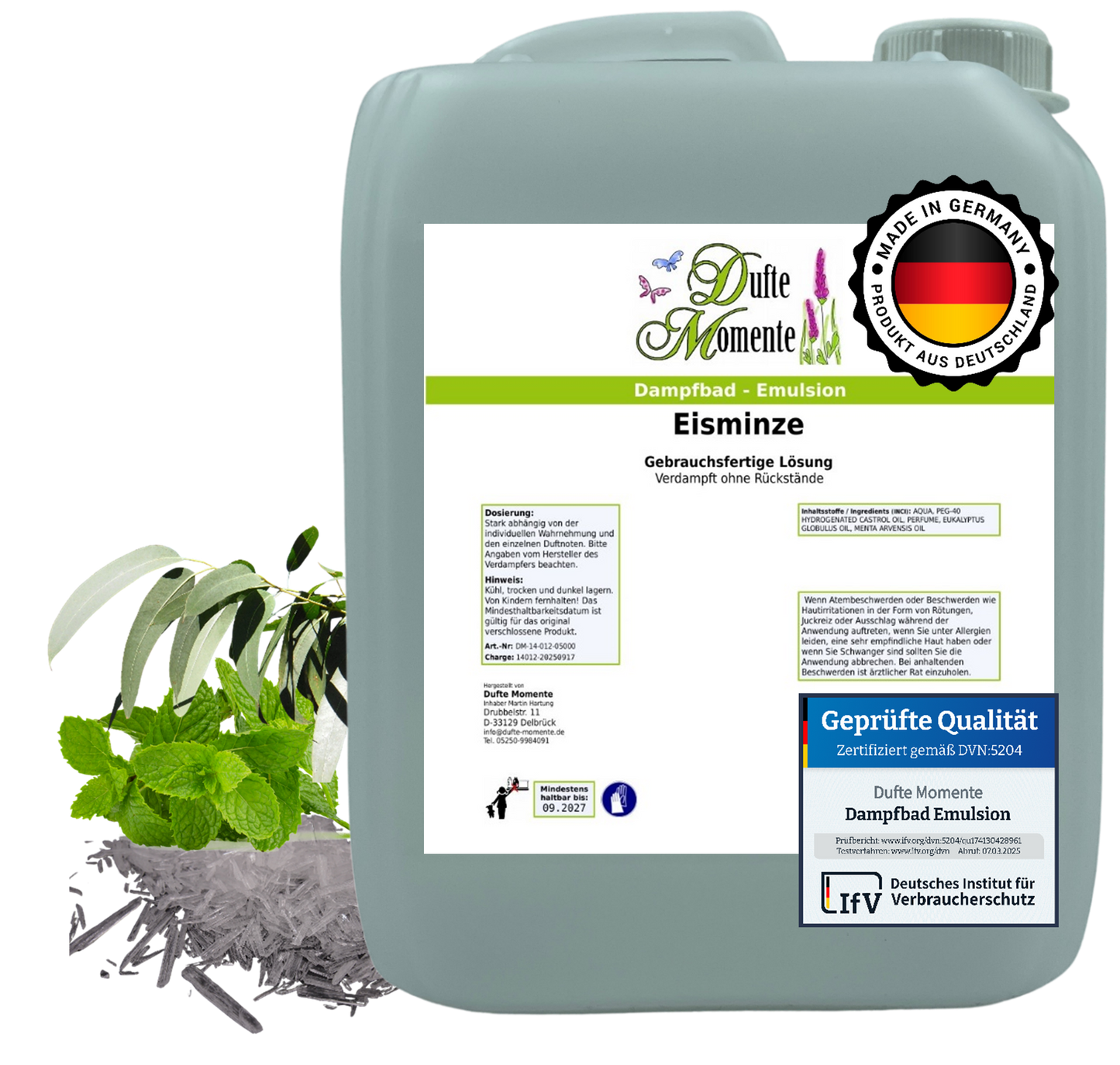 Dampfbad-Emulsion Eisminze (Eukalyptus, Menthol, Pfefferminz) | Gebrauchsfertig & DVN-Zertifiziert für Dein Home-Spa | 3L, 5L, 10L