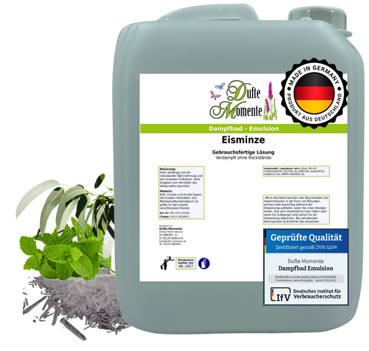 Dampfbad-Emulsion Eisminze (Eukalyptus, Menthol, Pfefferminz) | Gebrauchsfertig & DVN-Zertifiziert für Dein Home-Spa | 3L, 5L, 10L