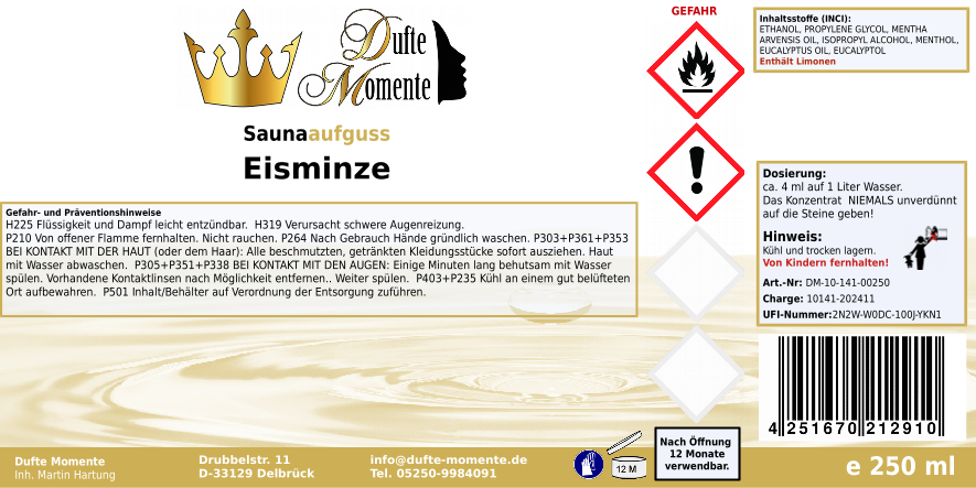 Saunaduft Konzentrat 250 ml Etikett Eisminze