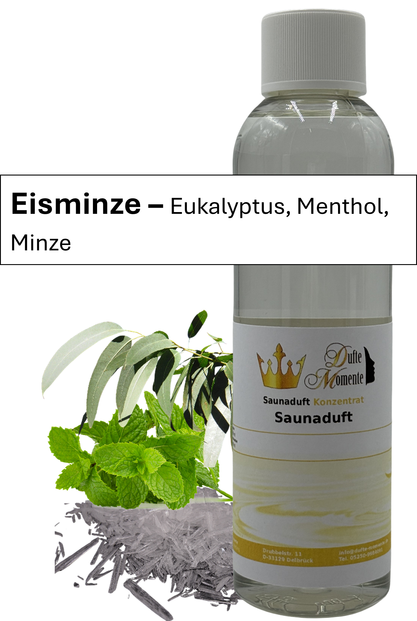 Saunaaufguss eisminze in 250ml Flasche mit Duftbanner