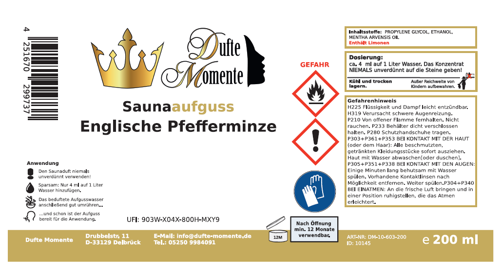 Saunaduft Konzentrat Etikett 200 ml Englische Pfefferminze