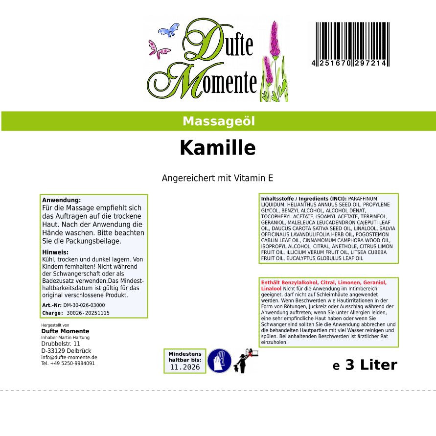3 Liter Etikett Massageöl Kamille