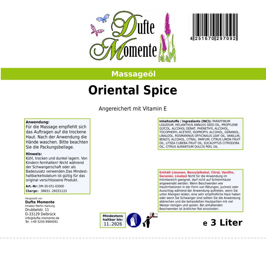 3 Liter Etikett Massageöl Oriental Spice