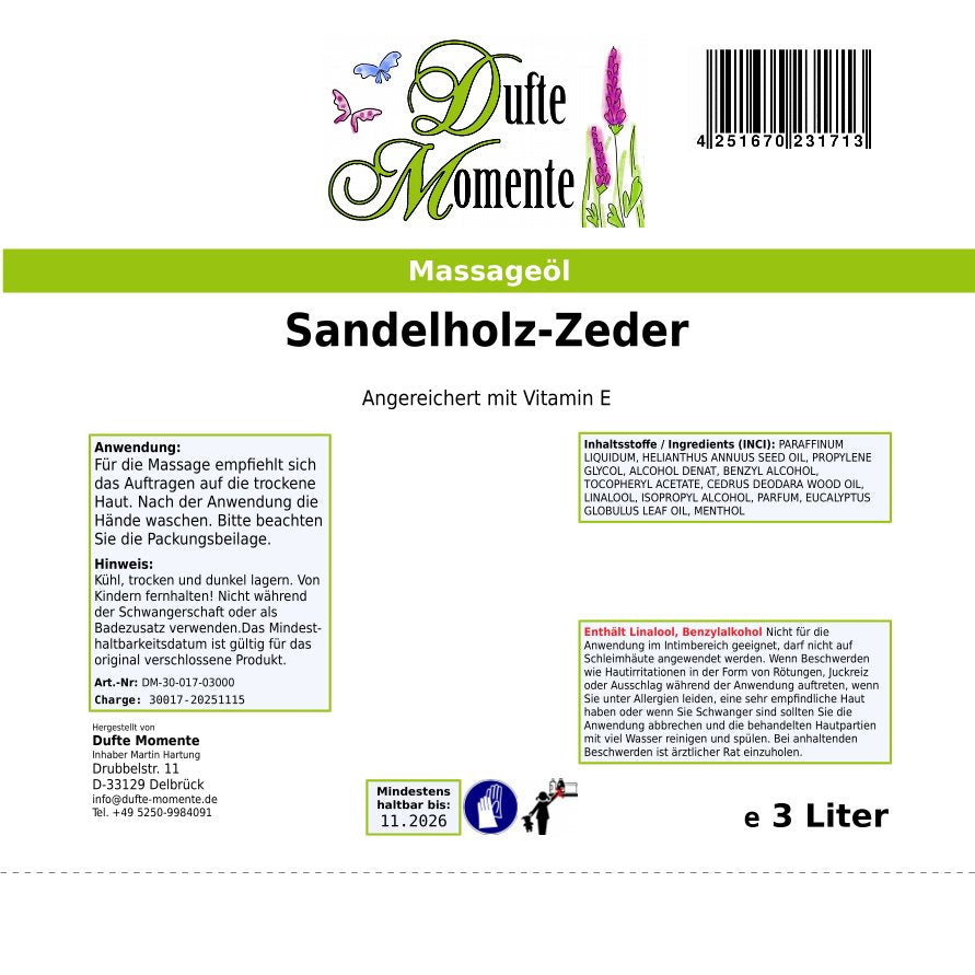 3 Liter Etikett Massageöl Sandelholz-Zeder
