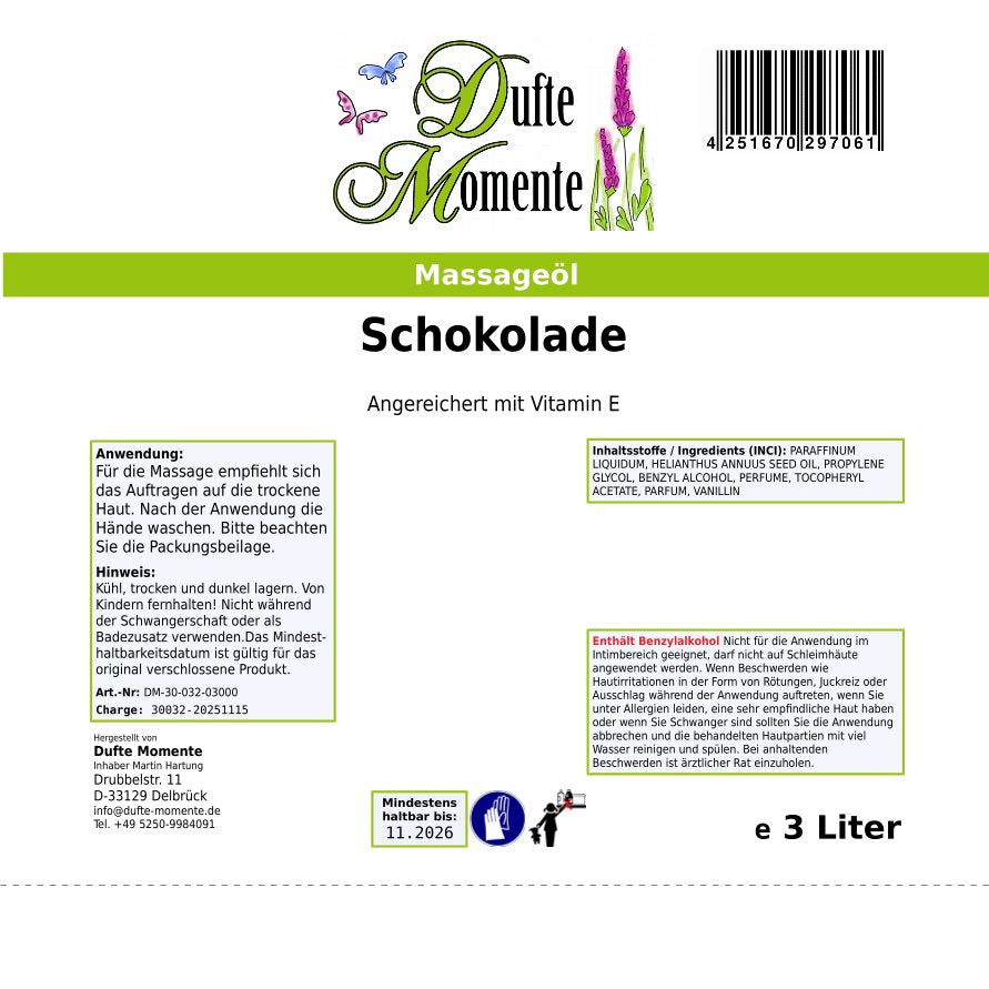 3 Liter Etikett Massageöl Schokolade