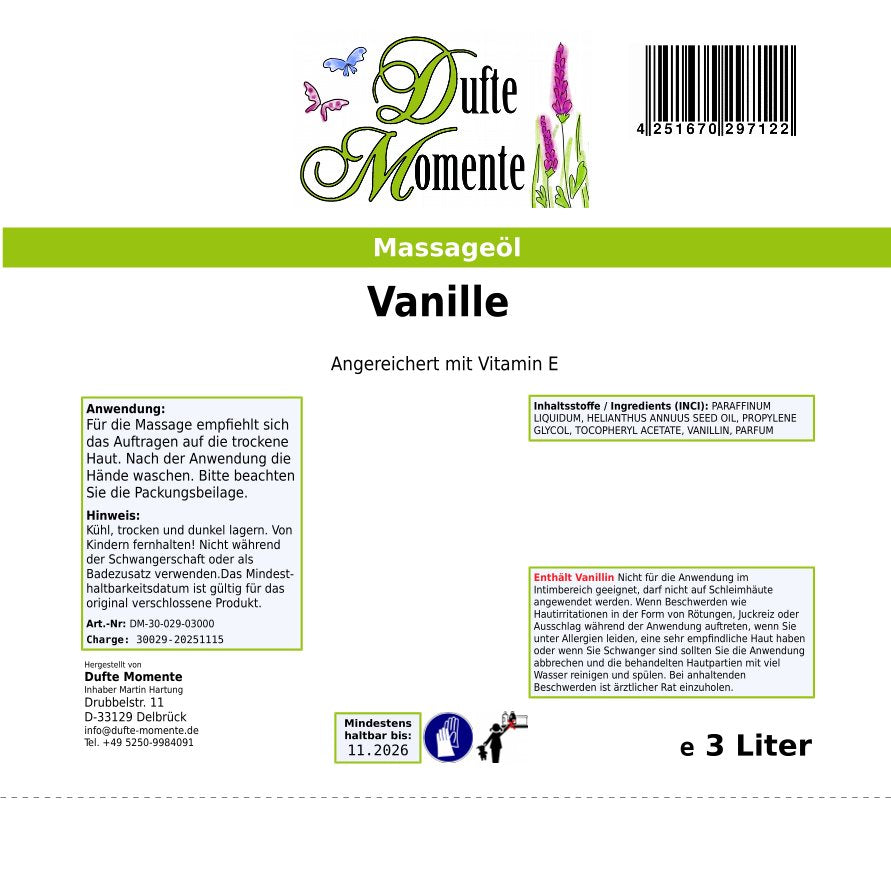 3 Liter Etikett Massageöl Vanille