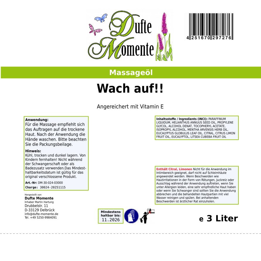 3 Liter Etikett Massageöl Wach auf