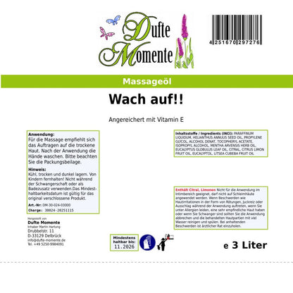 3 Liter Etikett Massageöl Wach auf