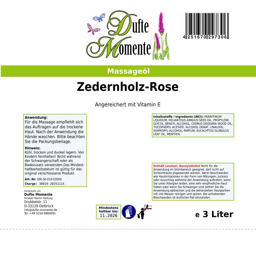 3 Liter Etikett Massageöl Zedernholz-Rose