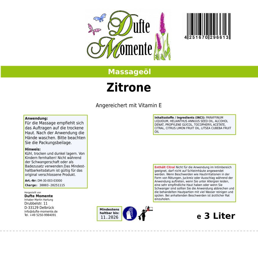 3 Liter Etikett Massageöl Zitrone