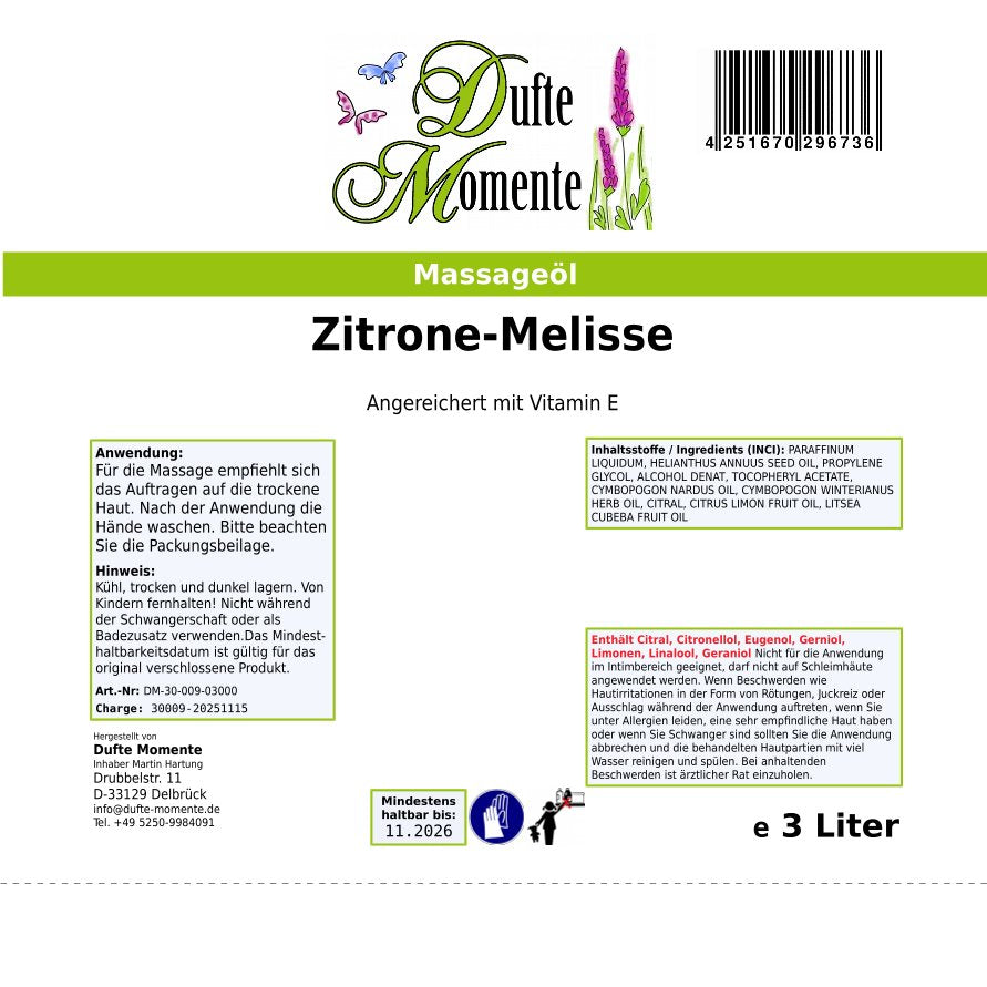 3 Liter Etikett Massageöl Zitrone-Melisse