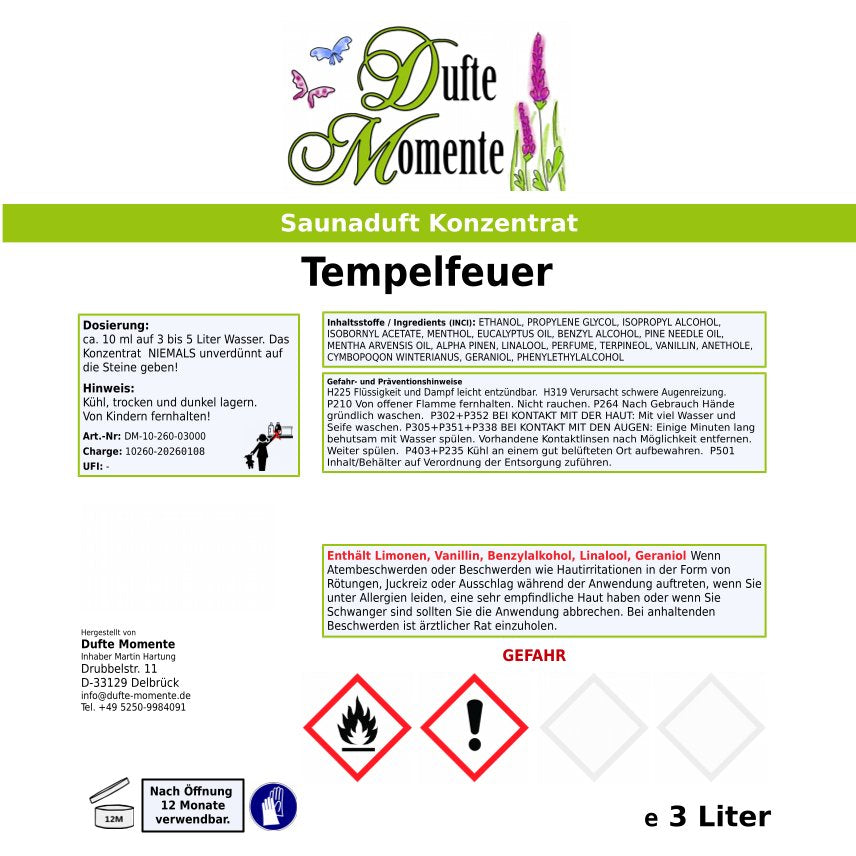 Saunaduft Etikett 3L Tempelfeuer