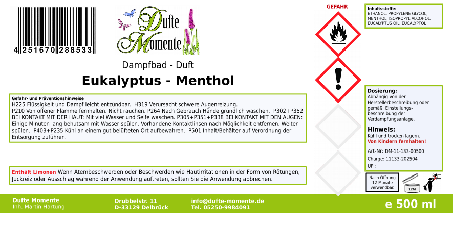 Dampfbadduft Konzentrat Etikett 500 ml Eukalyptus - Menthol