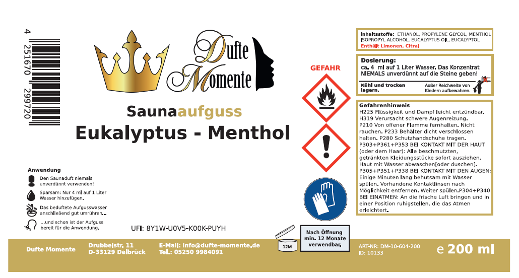Saunaduft Konzentrat Etikett 200 ml Euka - Menthol