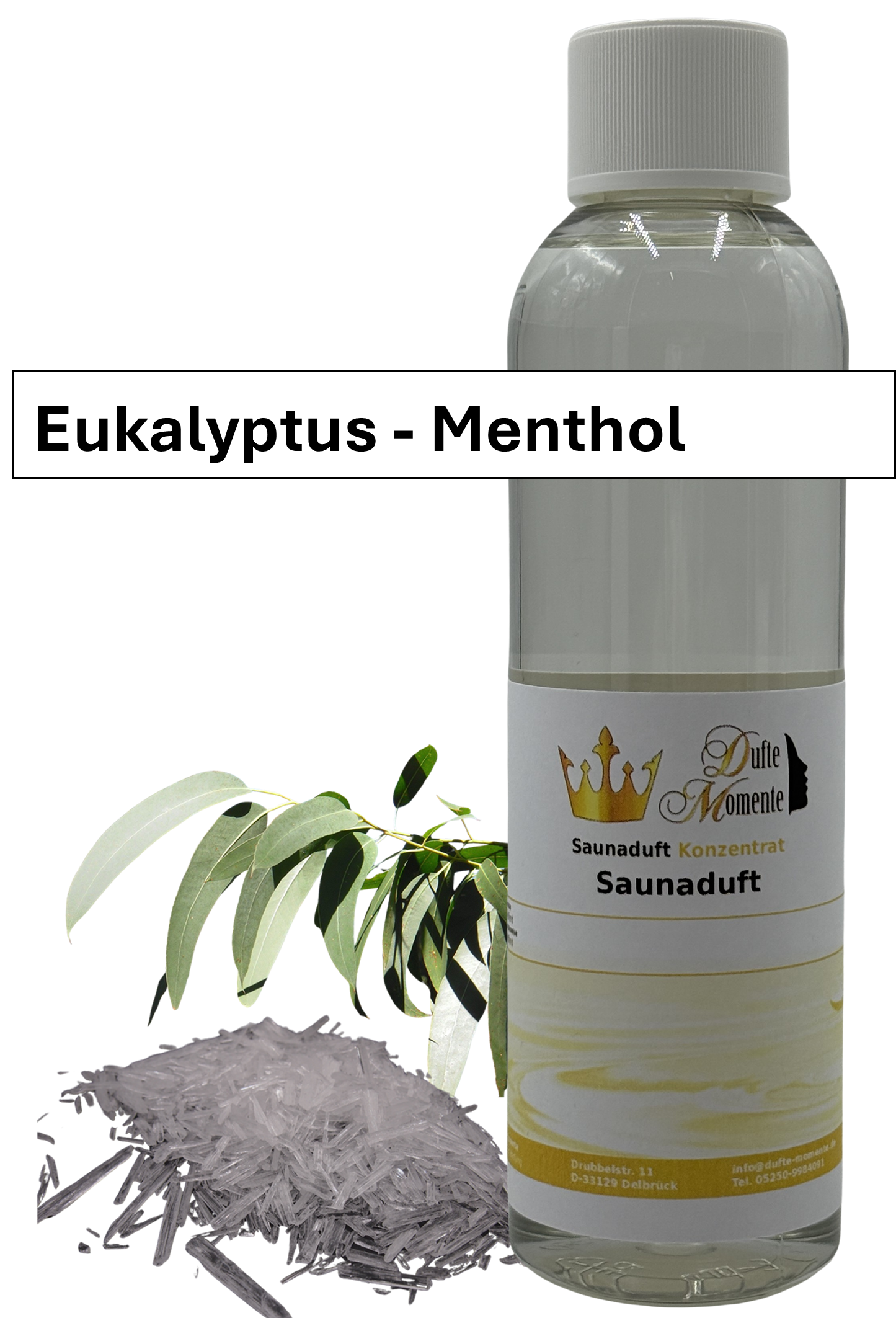 Saunaaufguss eukalyptus-menthol in 250ml Flasche mit Duftbanner