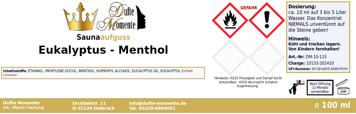 Saunaduft Konzentrat Etikett 100ml Eukalyptus - Menthol