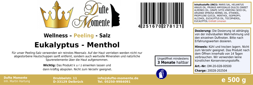 Eukalyptus-Menthol - 500g Salz Körperpeeling, mit BIO-Meersalz