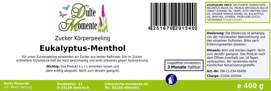 Eukalyptus-Menthol - 400g Zucker Körperpeeling, für empfindliche Haut