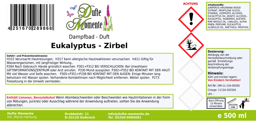 Dampfbadduft Konzentrat Etikett 500 ml Eukalyptus - Zirbel