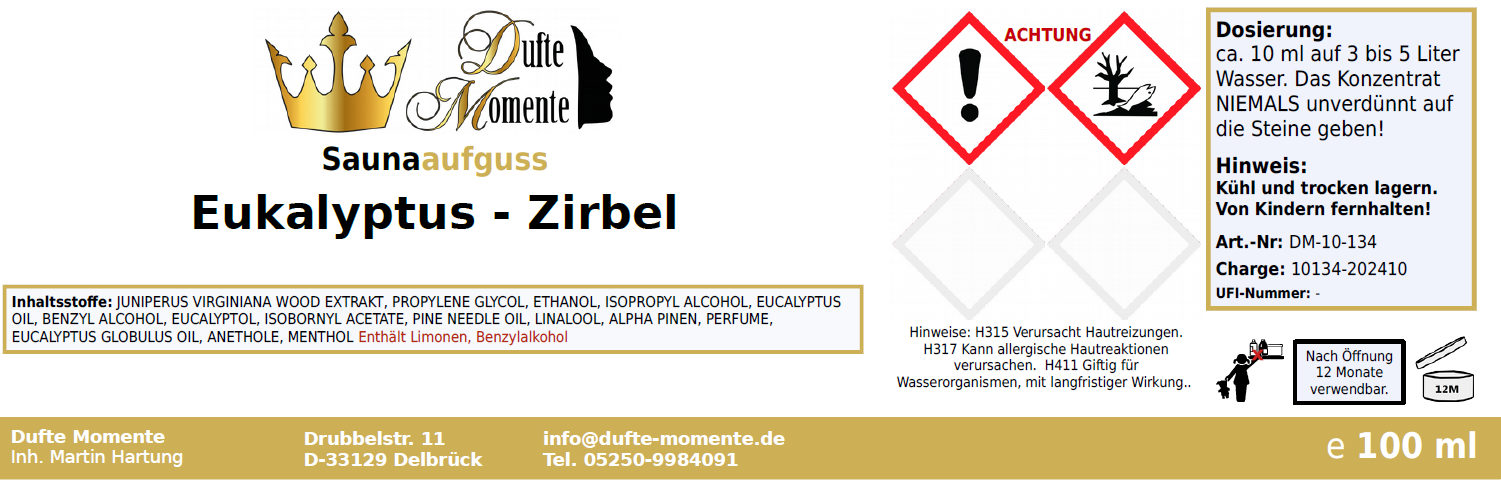 Saunaduft Konzentrat Etikett 100ml Eukalyptus - Zirbel