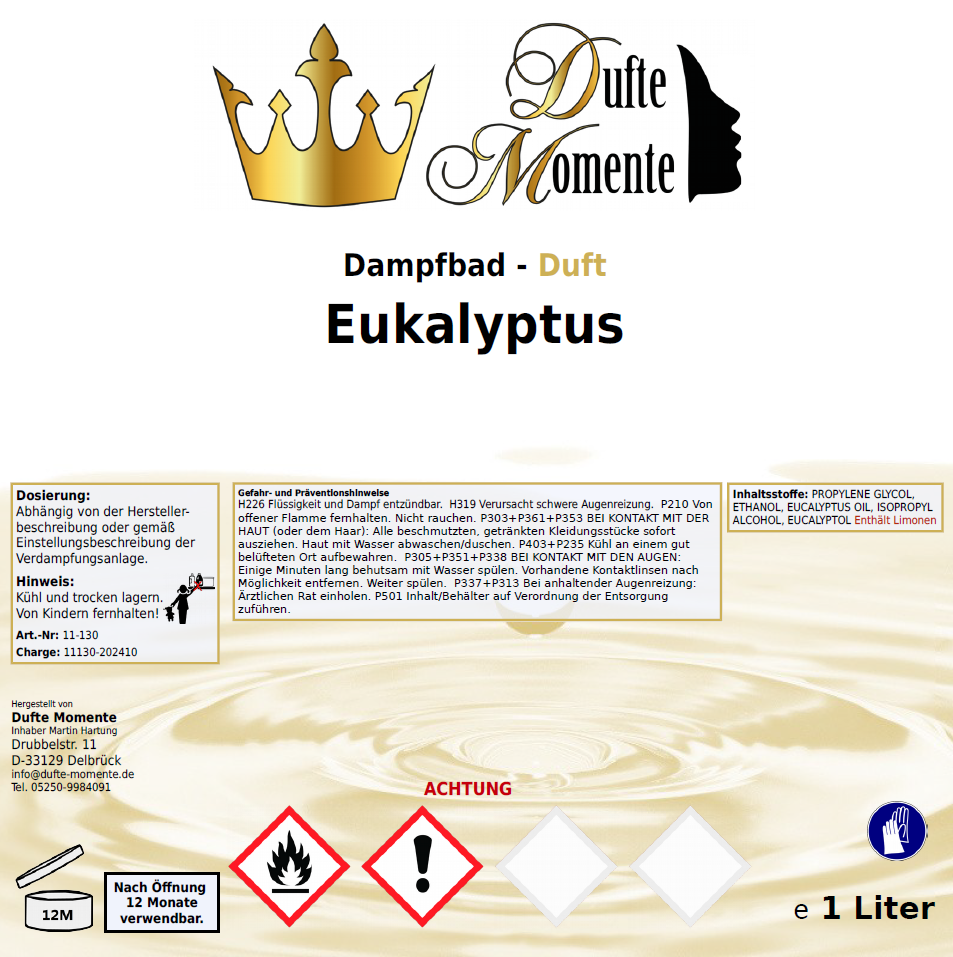 Dampfbad Duft Konzentrat Etikett 1 Liter Eukalyptus