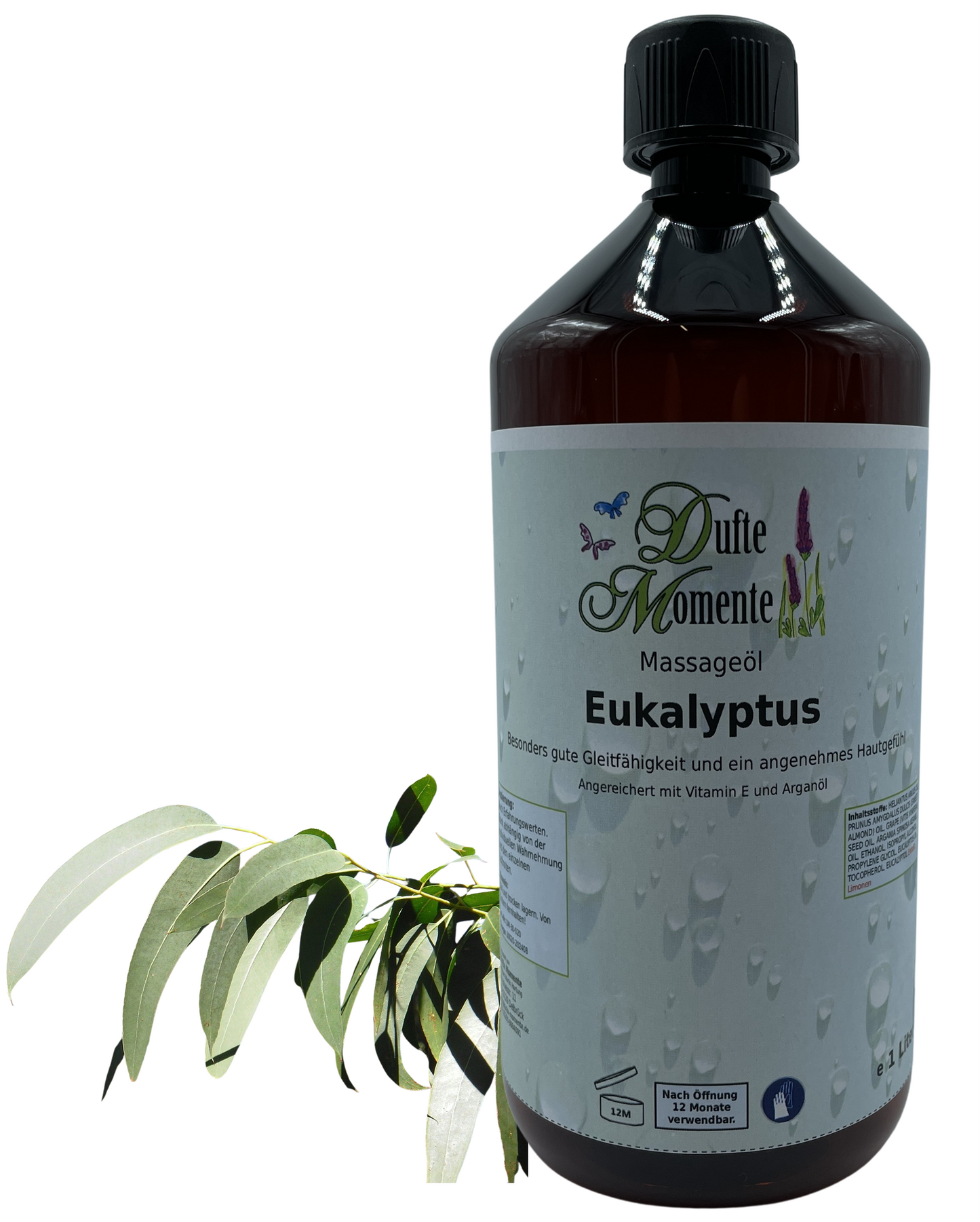Massageöl 1 Liter Eukalyptus mit visualisierten Bestandteilen