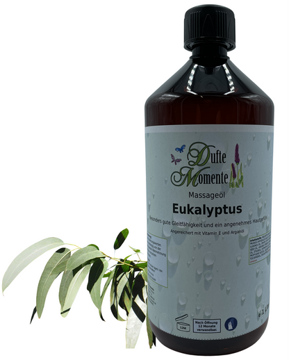 Massageöl 1 Liter Eukalyptus mit visualisierten Bestandteilen