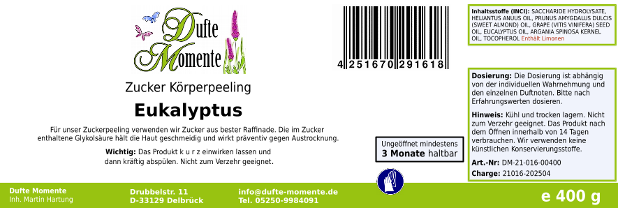 Eukalyptus - 400g Zucker Körperpeeling, für empfindliche Haut