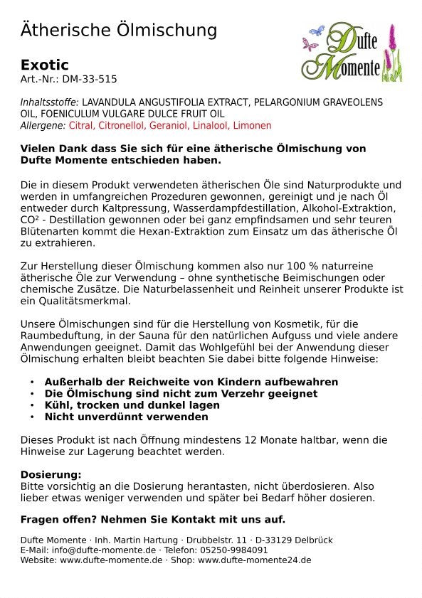 Packungsbeilage ätherische Ölmischung Exotic Dufte Momente mit Inhaltsstoffen Anwendung und Sicherheitshinweisen
