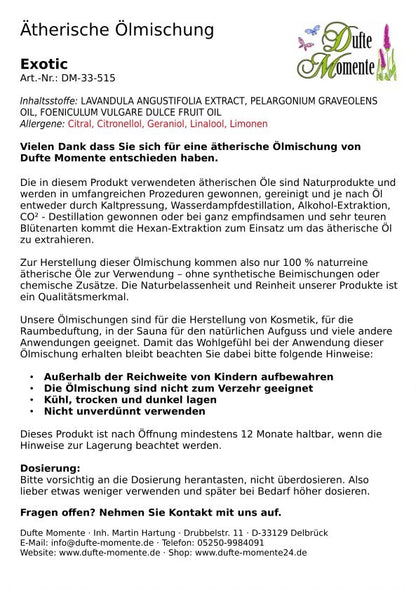 Packungsbeilage ätherische Ölmischung Exotic Dufte Momente mit Inhaltsstoffen Anwendung und Sicherheitshinweisen