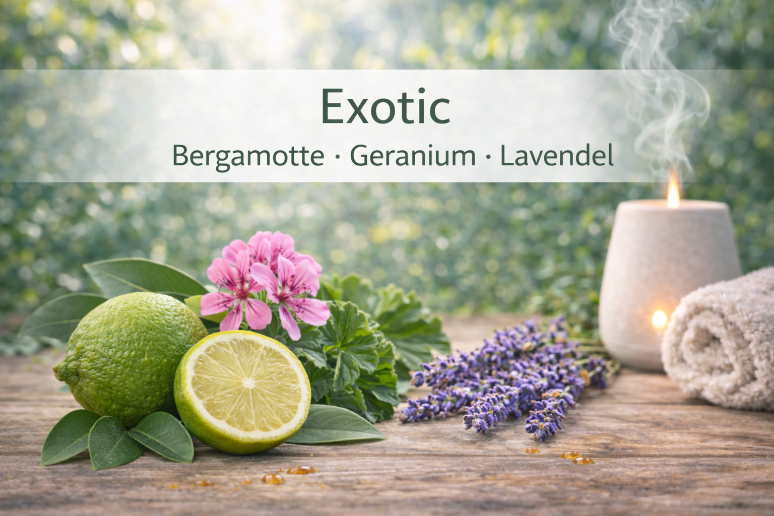 Ätherische Ölmischung Exotic mit Lavendel und Geranie in Wellness Atmosphäre