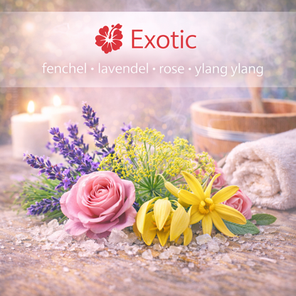 Moodbild Exotic mit visualisierten Inhaltsstoffen und Saunaelementen