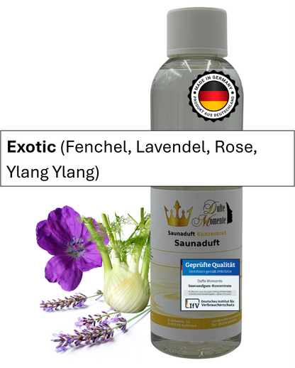 Saunaduft Exotic in 250ml Flasche mit Duftbestandteilen und Duftbanner
