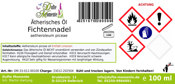 Ätherisches Öl Etikett 100 ml Fichtennadel