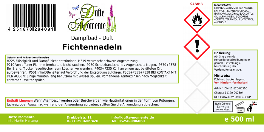 Dampfbadduft Konzentrat Etikett 500 ml Fichtennadeln