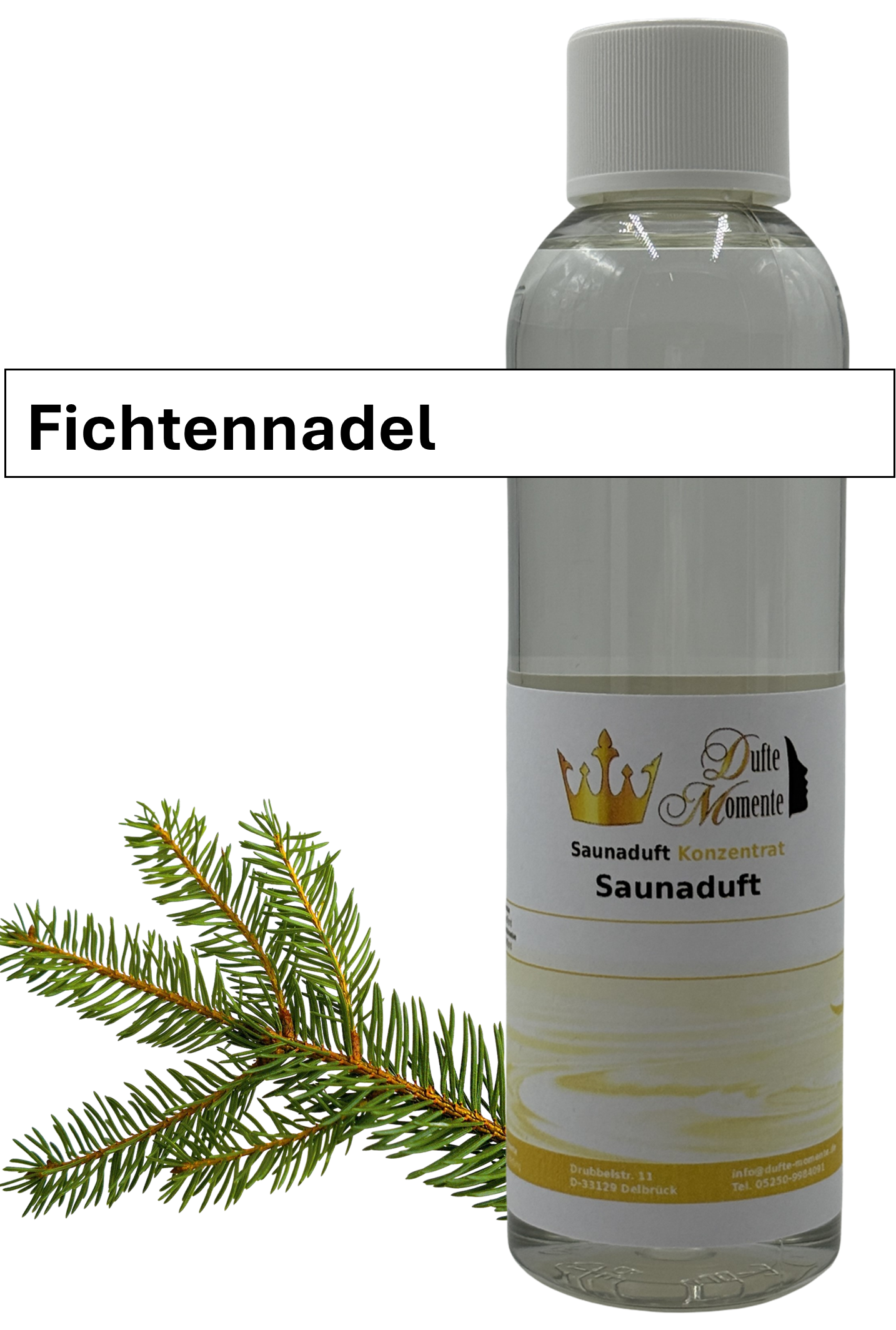 Saunaaufguss fichtennadel in 250ml Flasche mit Duftbanner