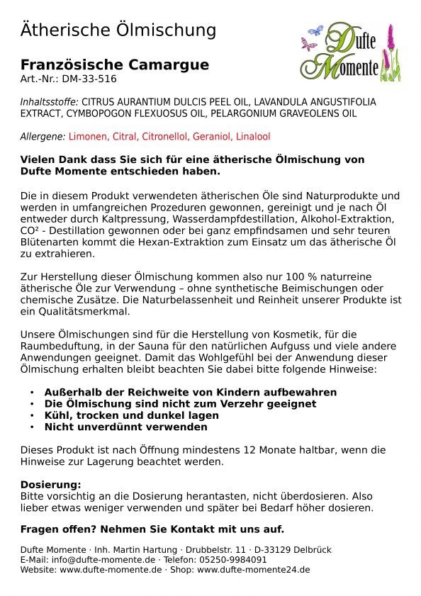 Packungsbeilage ätherische Ölmischung Französische Camargue Dufte Momente mit Inhaltsstoffen Anwendung und Sicherheitshinweisen