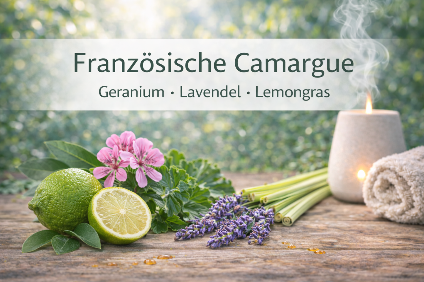 Ätherische Ölmischung Französische Camargue mit Lavendel und Orange in Wellness Atmosphäre