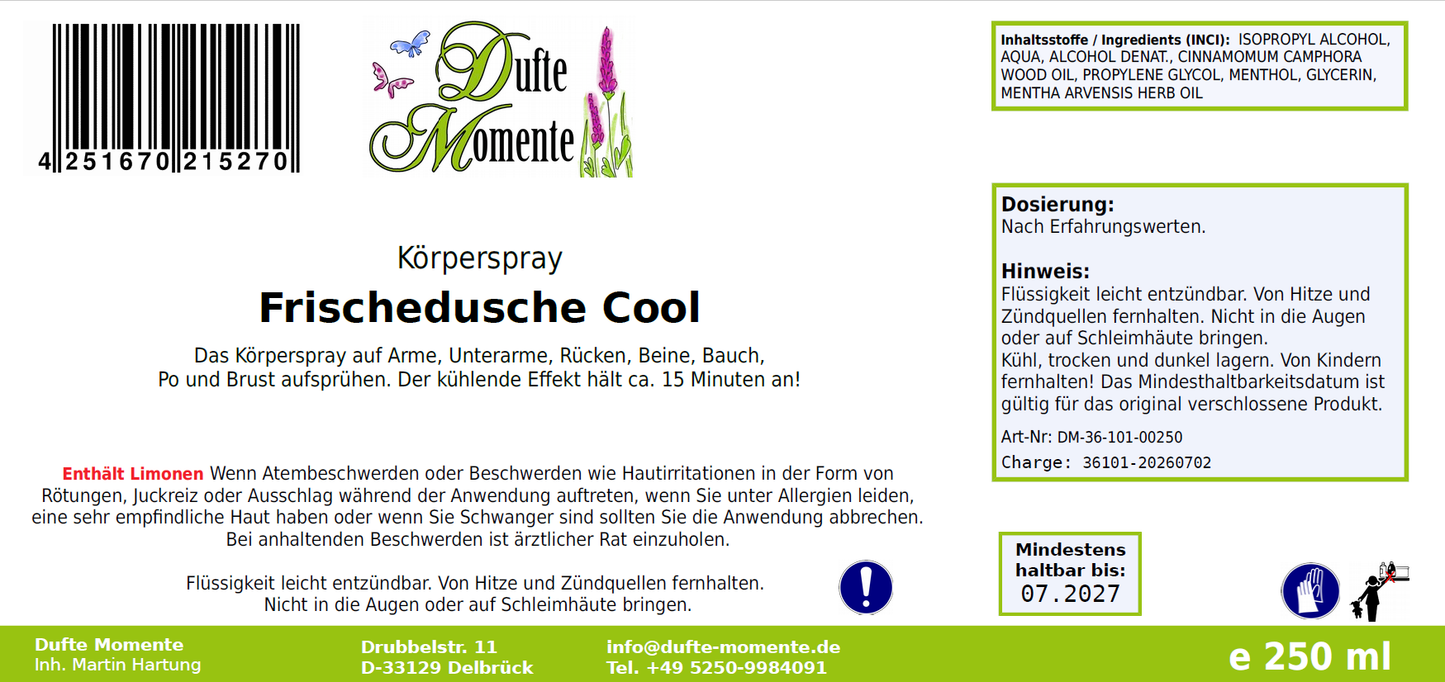 Einreibung Body Splash Frischedusche Cool - 250ml, mit Kampfer und Menthol