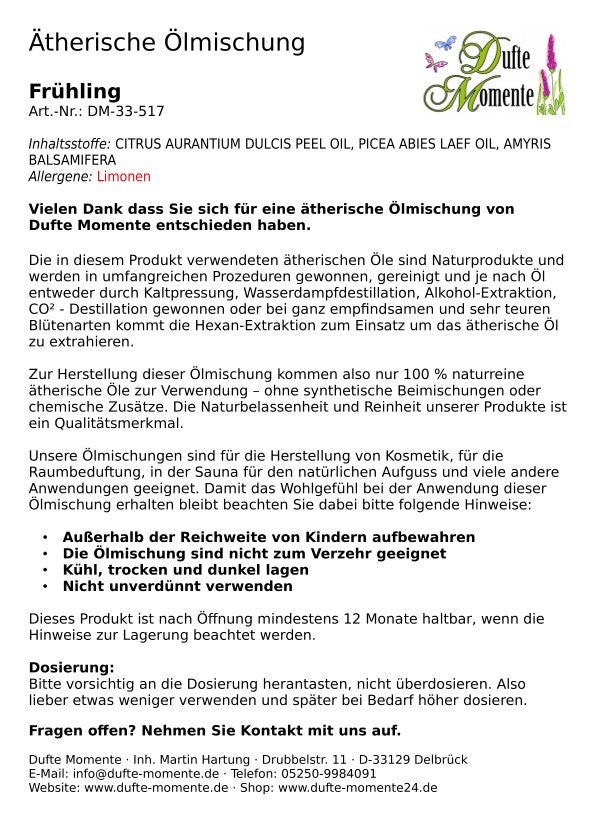 Packungsbeilage ätherische Ölmischung Frühling Dufte Momente mit Inhaltsstoffen Anwendung und Sicherheitshinweisen