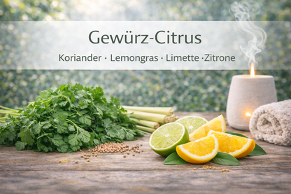 Ätherische Ölmischung Gewürz Citrus mit Zitrone und Lemongras in Wellness Atmosphäre