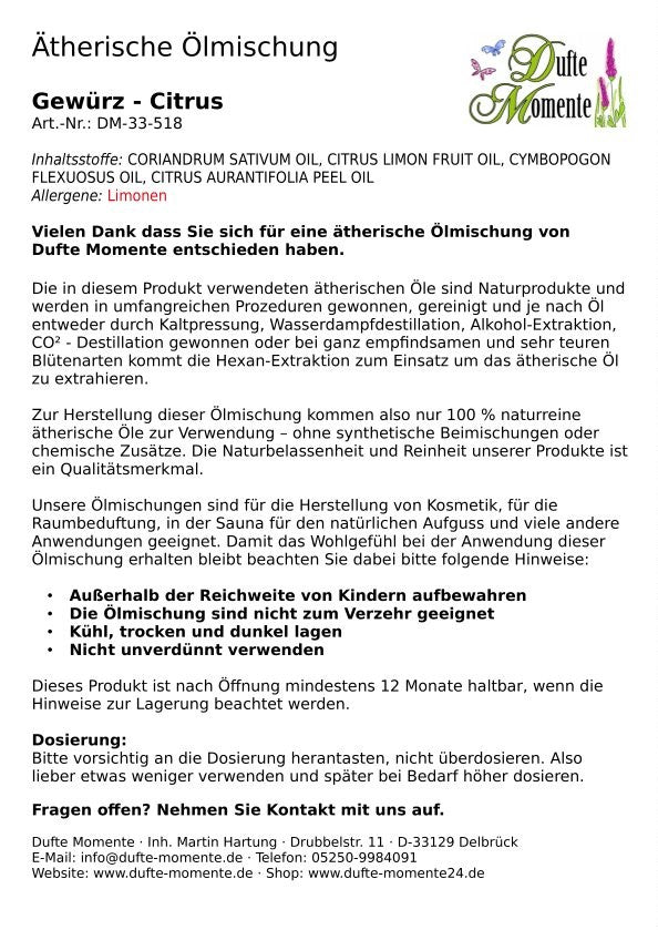 Packungsbeilage ätherische Ölmischung Gewürz-Citrus Dufte Momente mit Inhaltsstoffen Anwendung und Sicherheitshinweisen