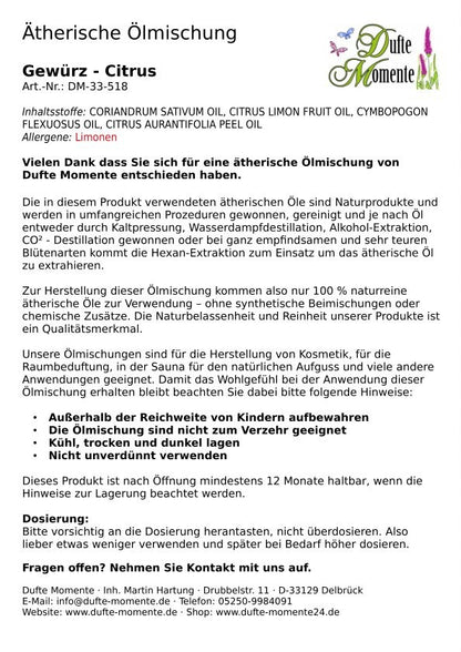 Packungsbeilage ätherische Ölmischung Gewürz-Citrus Dufte Momente mit Inhaltsstoffen Anwendung und Sicherheitshinweisen