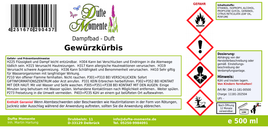 Dampfbadduft Konzentrat Etikett 500 ml Gewürzkürbis
