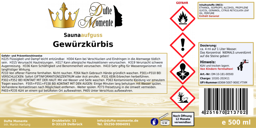 Saunaduft Konzentrat 500 ml Etikett Gewürzkürbis