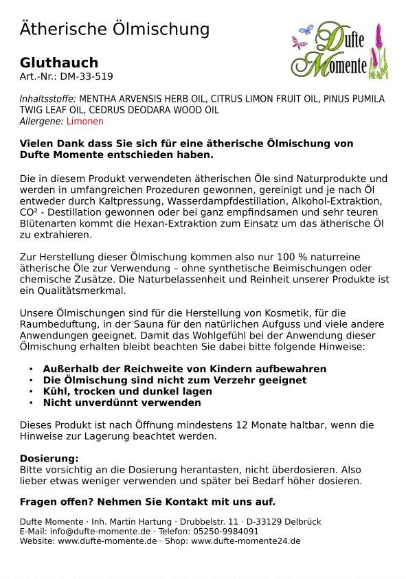 Packungsbeilage ätherische Ölmischung Gluthauch Dufte Momente mit Inhaltsstoffen Anwendung und Sicherheitshinweisen