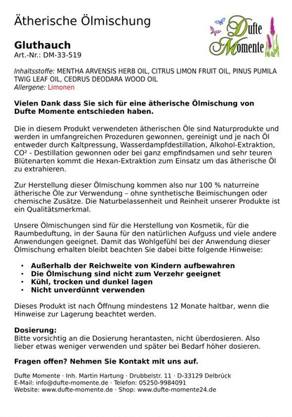 Packungsbeilage ätherische Ölmischung Gluthauch Dufte Momente mit Inhaltsstoffen Anwendung und Sicherheitshinweisen