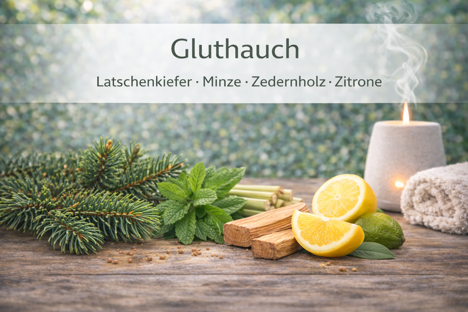 Ätherische Ölmischung Gluthauch mit Holz und Minze in Wellness Atmosphäre