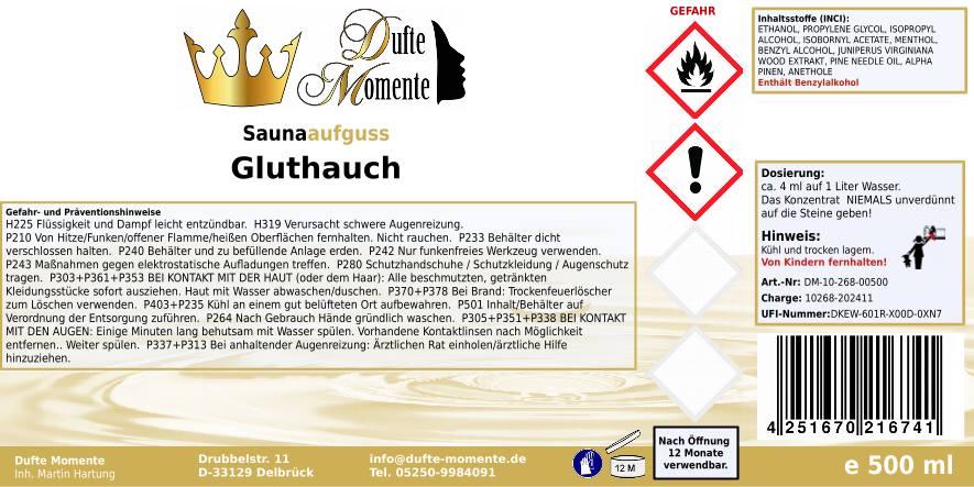 Saunaduft Konzentrat 500 ml Etikett Gluthauch