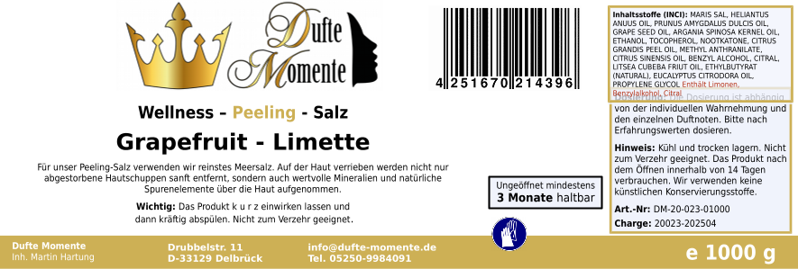 Grapefruit-Limette - 1 kg Salz Körperpeeling, mit BIO-Meersalz
